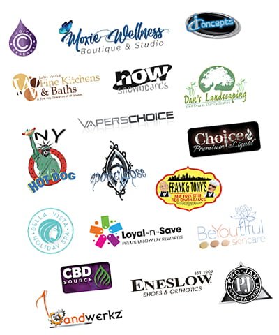 A sheet showing multiple, colorful logo designs