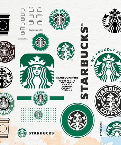 Page showing all different logo designs for Starbucks